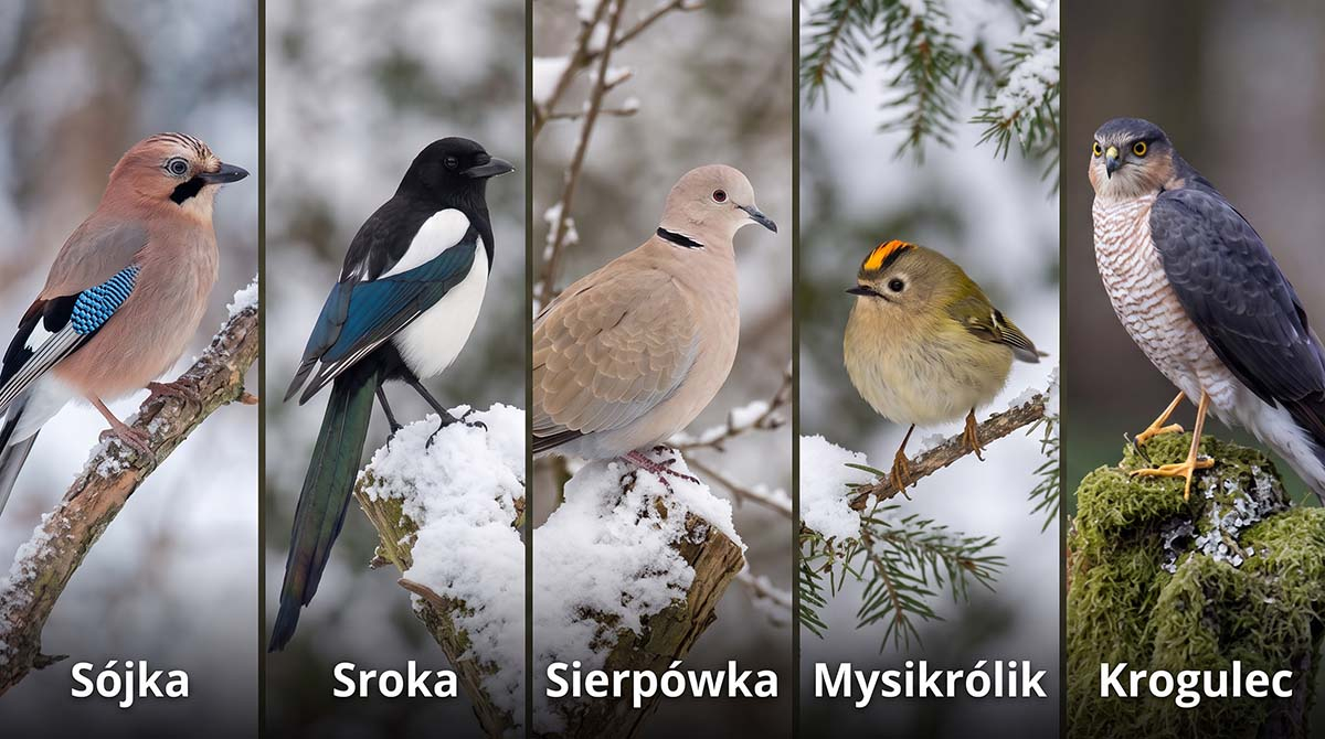 Zróżnicowane gatunki ptaków odwiedzających polskie ogrody zimą: sójka, sroka, sierpówka, mysikrólik i krogulec. Zestawienie pięciu ptaków spotykanych zimą w ogrodzie: sójka na gałęzi, sroka na zaśnieżonym pniu, sierpówka, maleńki mysikrólik na gałązce świerku oraz krogulec na omszałym pniaku.