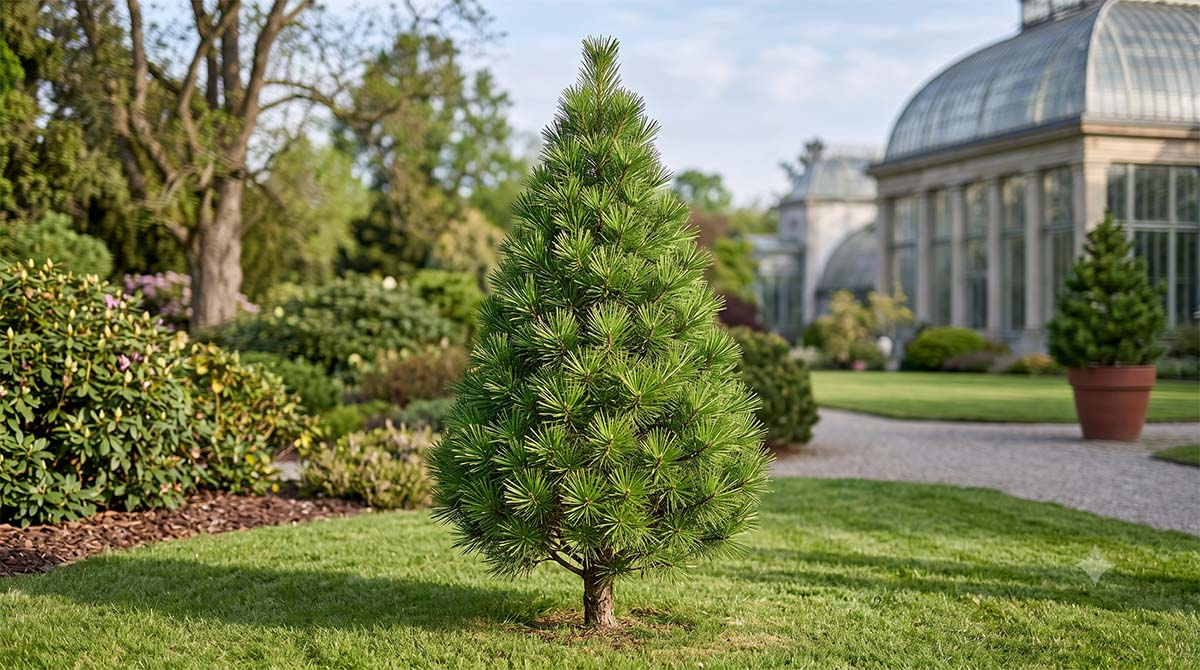 Sosna japońska (Sciadopitys verticillata) w ogrodzie botanicznym Młoda parasolowata sosna japońska (Sciadopitys verticillata) o stożkowatym pokroju, rosnąca na trawniku w ogrodzie botanicznym.