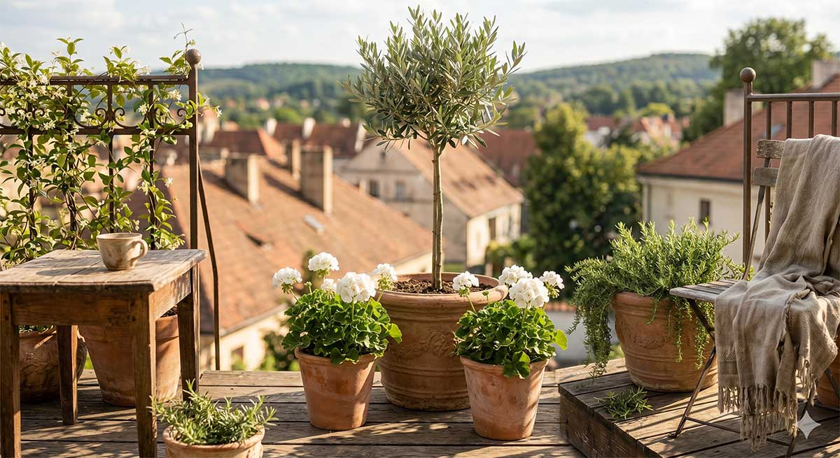 Śródziemnomorska aranżacja tarasu z oliwką, białymi pelargoniami i rozmarynem w glinianych donicach. Grupa tradycyjnych, terakotowych donic na słonecznym, toskańskim tarasie. W jednej rośnie miniaturowe drzewko oliwne o srebrzystych liściach, w innych klasyczne białe pelargonie oraz zielone krzaczki rozmarynu.