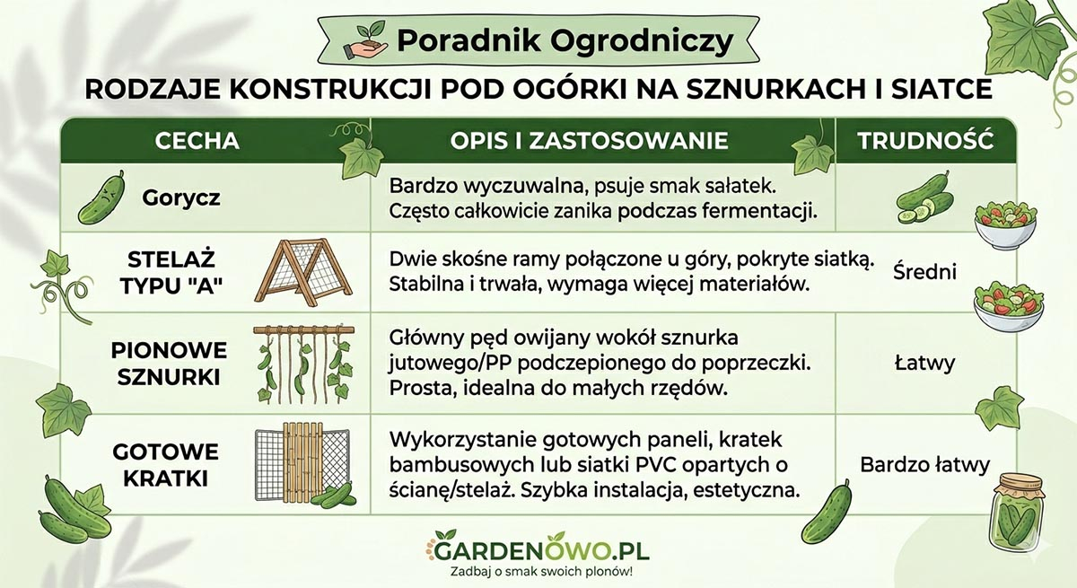 Jaki stelaż pod ogórki wybrać? rodzaje konstrukcji pod ogórki na sznurkach i siatce.