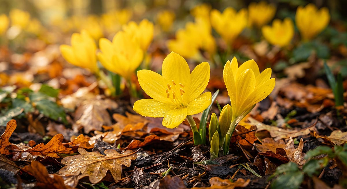 Sternbergia żółta (Sternbergia lutea) w pełnym rozkwicie jesienią Kwitnąca sternbergia żółta o złocistych płatkach rosnąca w jesiennym ogrodzie