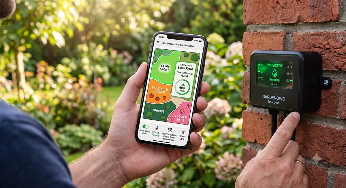 Sterowanie nawadnianiem ogrodu z aplikacji mobilnej przez Wi-Fi Mężczyzna trzymający smartfon w ogrodzie, na którym widać aplikację do sterowania automatycznym systemem nawadniania ogrodu. W tle widać nowoczesny sterownik Wi-Fi zamontowany na ścianie z cegły. Ilustracja inteligentnego sterowania nawadnianiem.