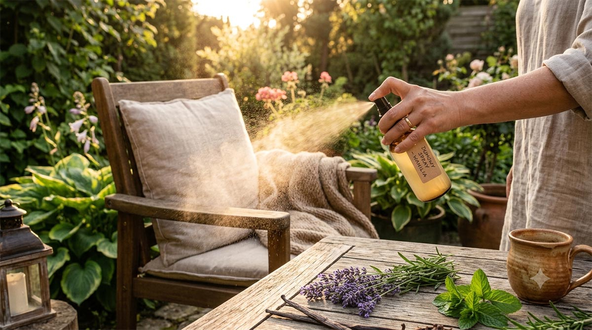 Aplikacja naturalnego sprayu waniliowego na strefę wypoczynkową Rozpylanie domowego sprayu z wanilii na poduszki mebli ogrodowych na tarasie w słoneczny wieczór