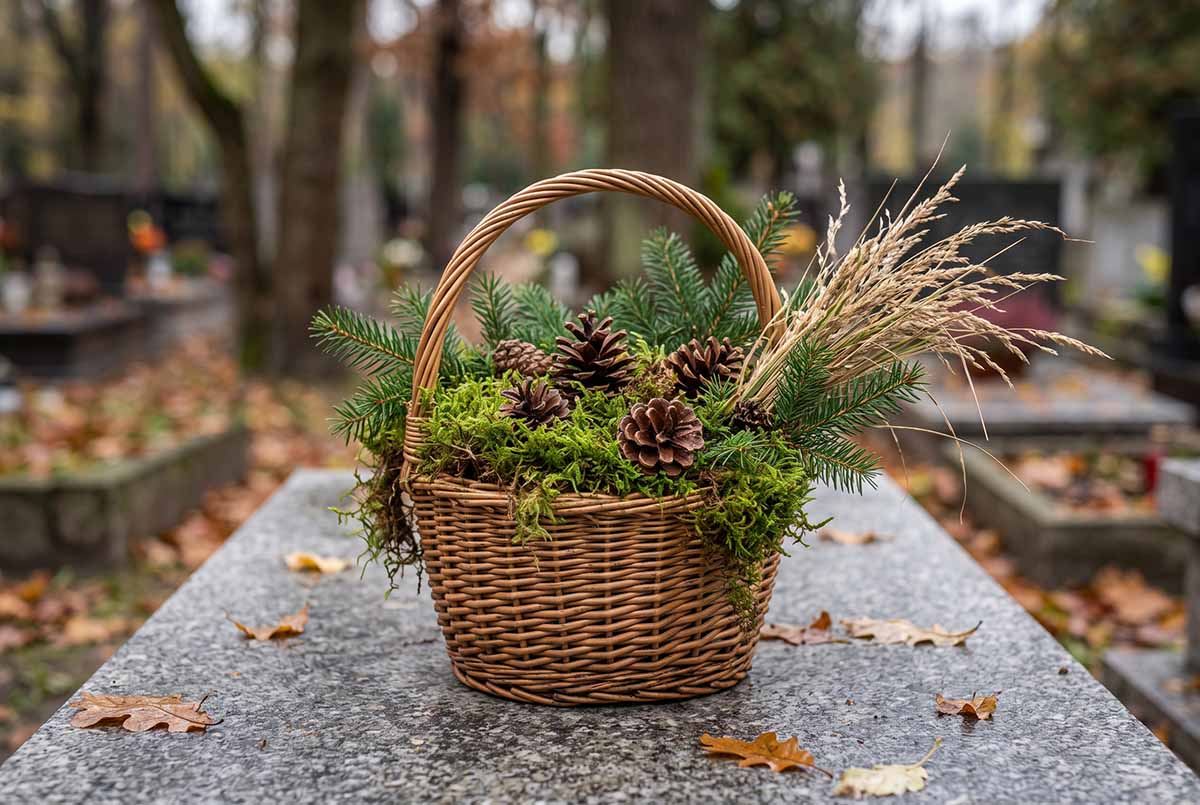 Stroik z naturalnej wikliny na Wszystkich Świętych Wiklinowy stroik na grób wypełniony mchem, szyszkami i gałązkami jodły