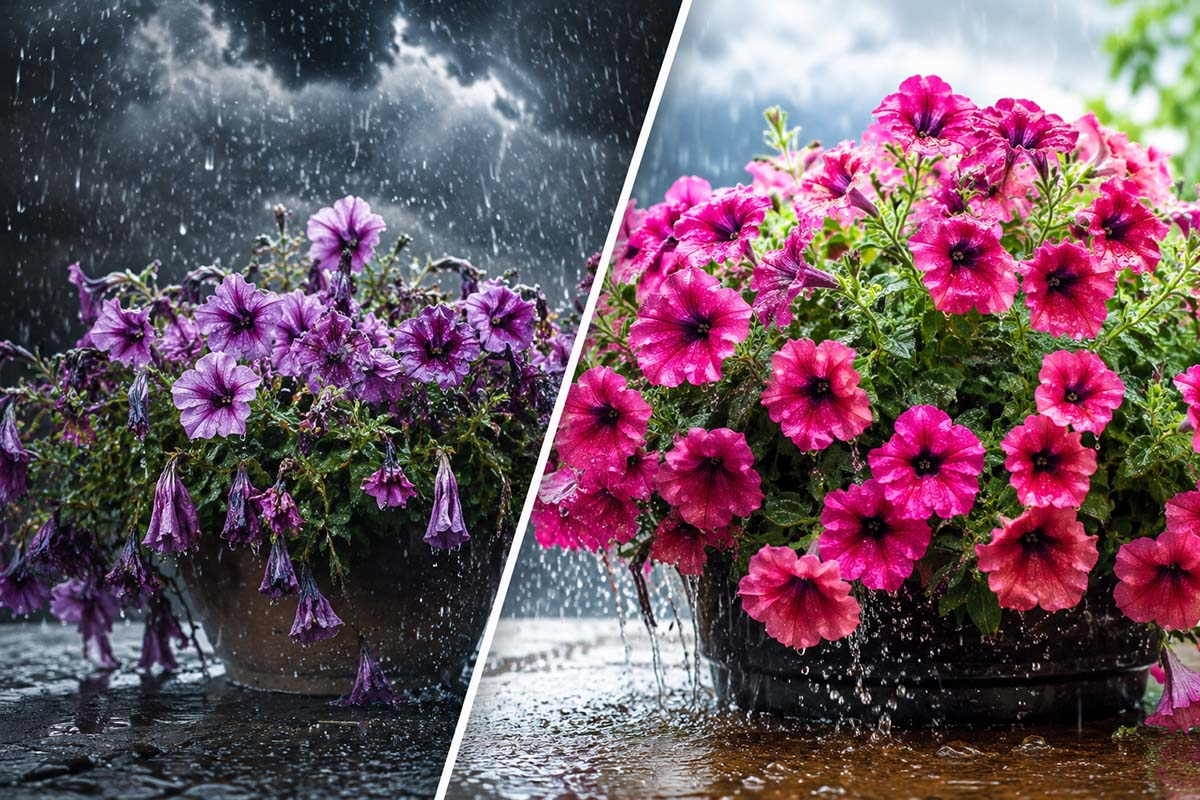 Supertunia czy surfinia - która lepiej znosi deszcz i kwitnie bez przerwy? Porównanie surfinii i supertunii po ulewie - zwiędłe i odporne petunie balkonowe w donicach