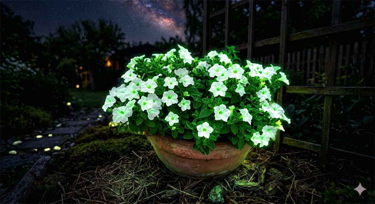 Bioluminescencyjna petunia Firefly – hit 2026. Świecąca w ciemności petunia Firefly emitująca zielone światło na ciemnym tarasie.
