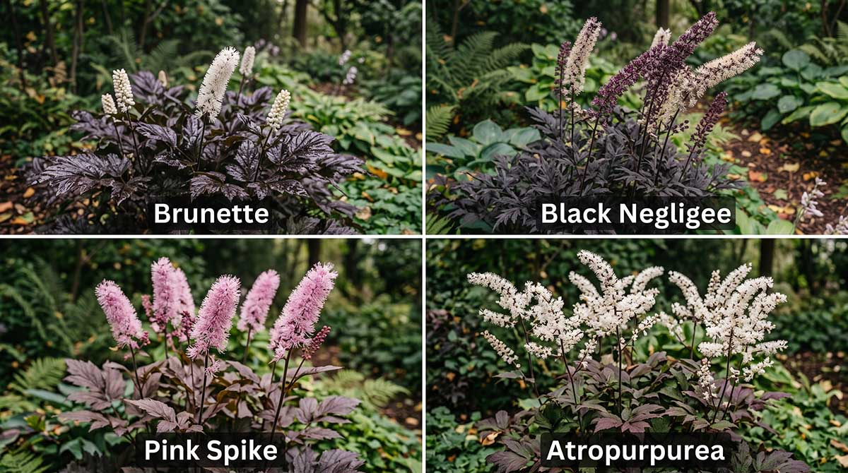 Przegląd odmian świecznicy - różnice w wyglądzie liści i kwiatów. Porównanie czterech odmian świecznicy (pluskwicy): 'Brunette', 'Black Negligee', 'Pink Spike' i 'Atropurpurea' w ogrodzie leśnym.