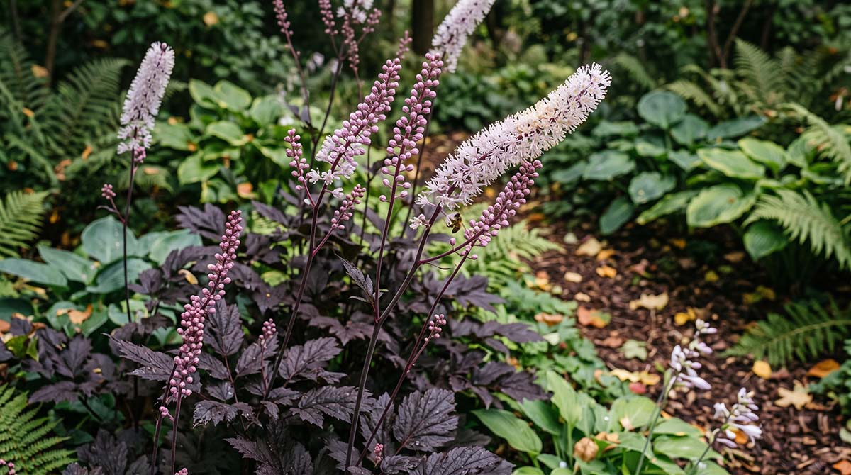 Świecznica (Pluskwica) - ozdobna bylina do cienia. Świecznica prosta 'Pink Spike' o ciemnych, purpurowych liściach i smukłych, jasnoróżowych kwiatostanach w jesiennym ogrodzie pełnym funkii.
