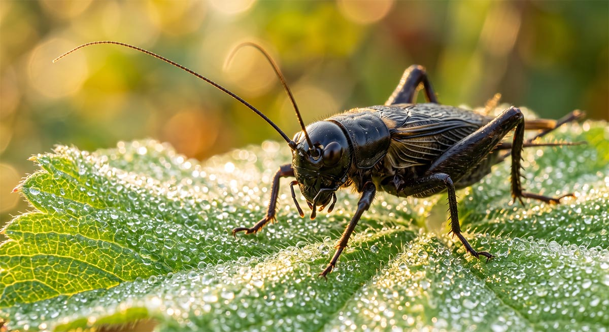 Makro zdjęcie błyszczącego, czarnego świerszcza polnego na zielonym liściu w ogrodzie o wschodzie słońca.
