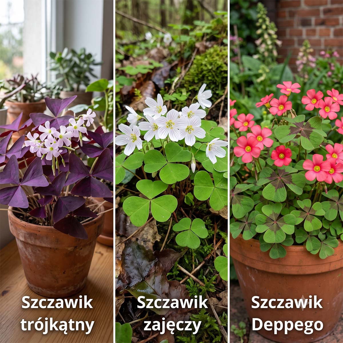 Porównanie trzech odmian szczawika (Oxalis): trójkątny, zajęczy, Deppego Grafika pokazująca trzy różne odmiany szczawika w glinianych doniczkach. Od lewej: Szczawik trójkątny o ciemnopurpurowych liściach, w środku Szczawik zajęczy o zielonych liściach, po prawej Szczawik Deppego o zielonych liściach z ciemnym środkiem i różowymi kwiatami. Wszystkie ustawione na drewnianym blacie.