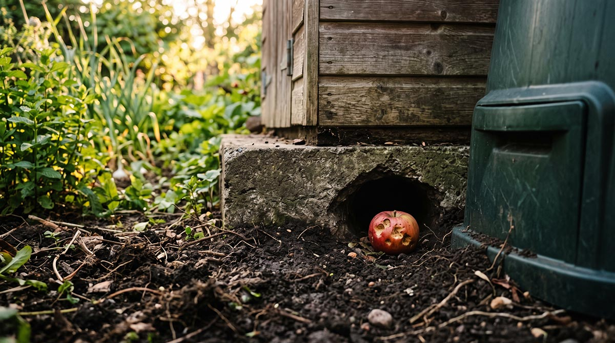 Nora szczura w ogrodzie przy kompoście - jak rozpoznać? Nora szczura w ziemi przy podmurówce altany ogrodowej i kompostowniku, obok nadgryzione jabłko.