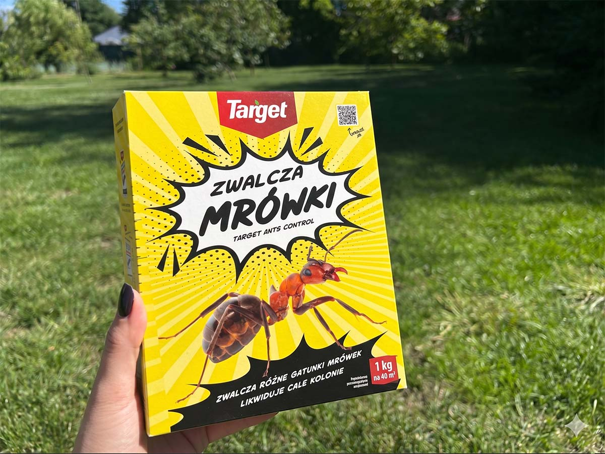 Target Ants Control - skuteczny preparat na mrówki Pudełko preparatu Target Ants Control do zwalczania mrówek trzymane w dłoni na tle trawnika w ogrodzie.