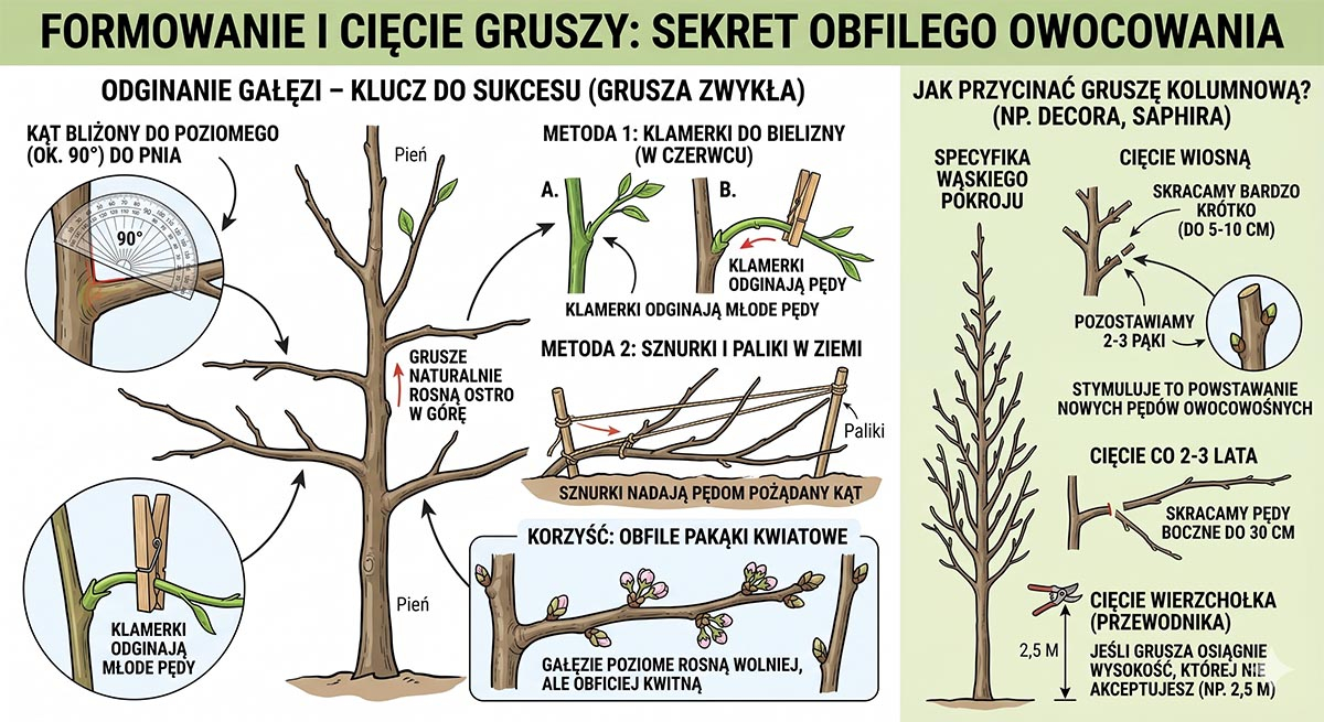 Prawidłowa technika cięcia pędów gruszy nad pąkiem grafika schemat pokazujący harmnogram cięcia gruszy w całym sezonie, cięcie pędów nad pąkiem