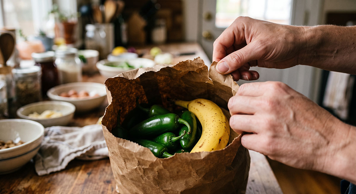 Przyspieszanie dojrzewania papryki za pomocą etylenu z banana Zielone papryki i dojrzały banan włożone do brązowej papierowej torby