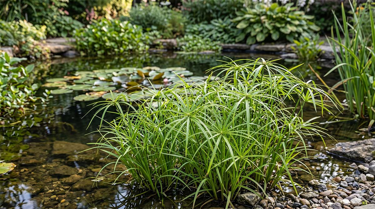 Kępa turzycy muskegońskiej (Carex muskingumensis) przypominającej małe palemki, rosnąca w kamienistym brzegu czystego oczka wodnego z liliami wodnymi w tle.