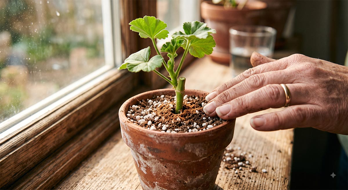 Prawidłowy sposób ukorzeniania pelargonii w podłożu. Sadzonka pelargonii posadzona w małej doniczce z lekkim podłożem, z widocznym cynamonem na łodydze.