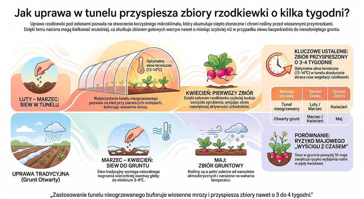 Oś czasu porównująca siew w tunelu (zaznaczony jako luty/marzec &ndash; zbiór w kwietniu) z tradycyjnym siewem do otwartego gruntu (marzec/kwiecień &ndash; zbiór w maju).
