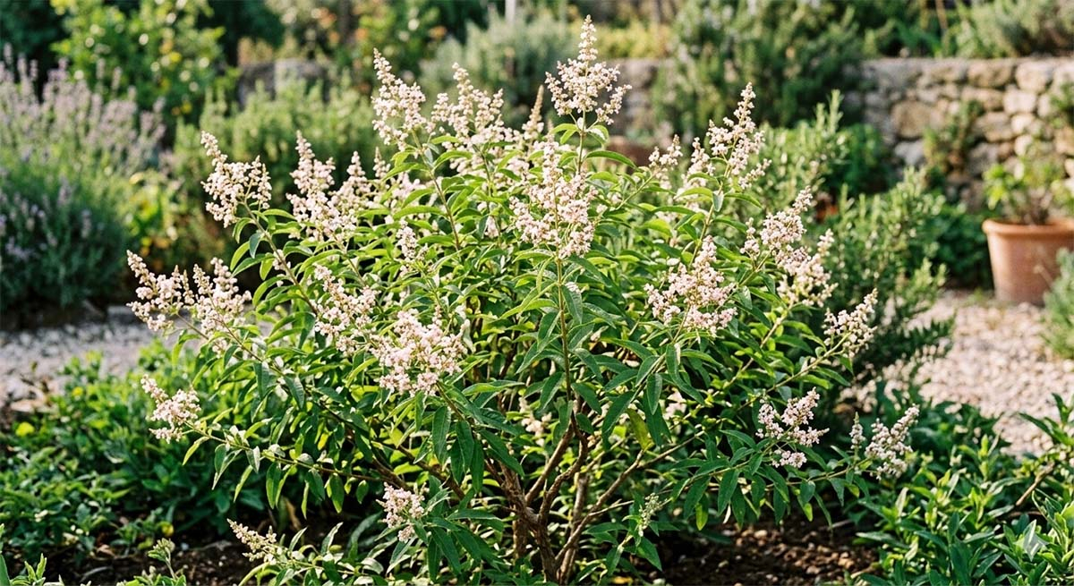 Werbena cytrynowa w doniczce - piękne białe kwiaty i aromatyczne liście Zbliżenie na kwitnącą werbenę cytrynową (Lippia trójlistna) z gęstymi skupiskami małych, białych kwiatów i lancetowatymi liśćmi, rosnącą w słonecznym miejscu w doniczce