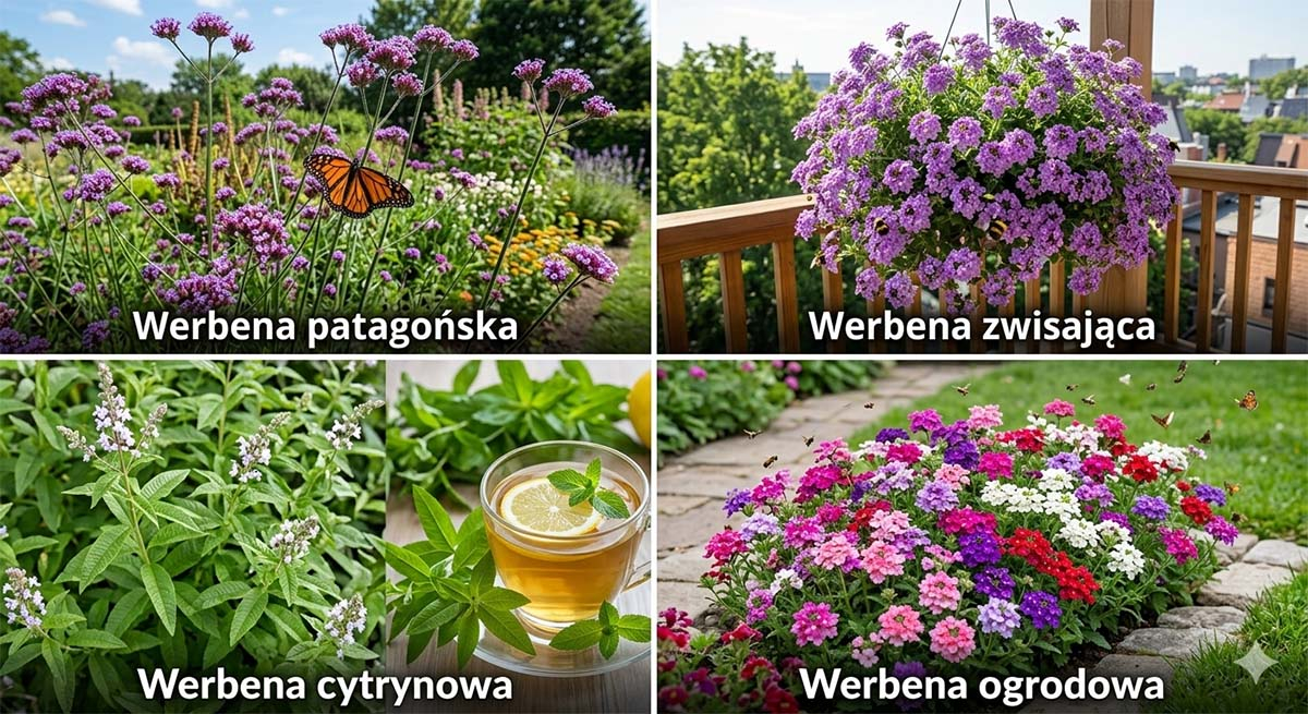 Zestawienie czterech popularnych odmian werbeny: patagońska, zwisająca, cytrynowa i ogrodowa Porównanie czterech głównych rodzajów werbeny: patagońskiej, zwisającej, cytrynowej i ogrodowej na jednym zdjęciu