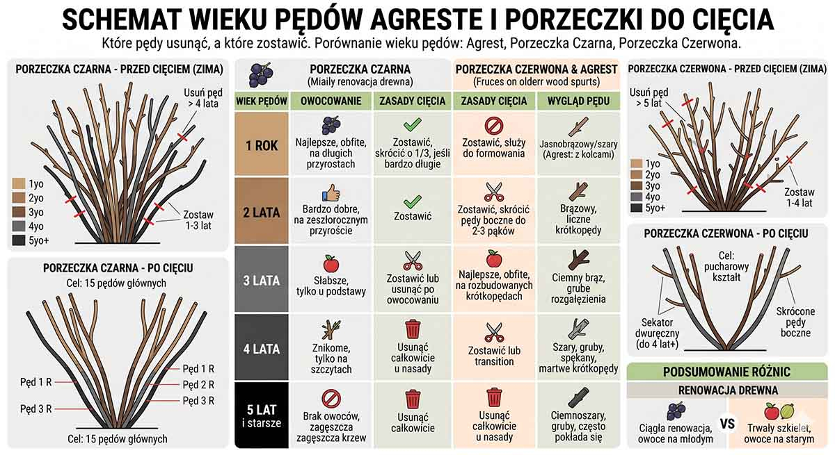 Które pędy usunąć, a które zostawić Schemat wieku pędów agrestu i porzeczki do cięcia