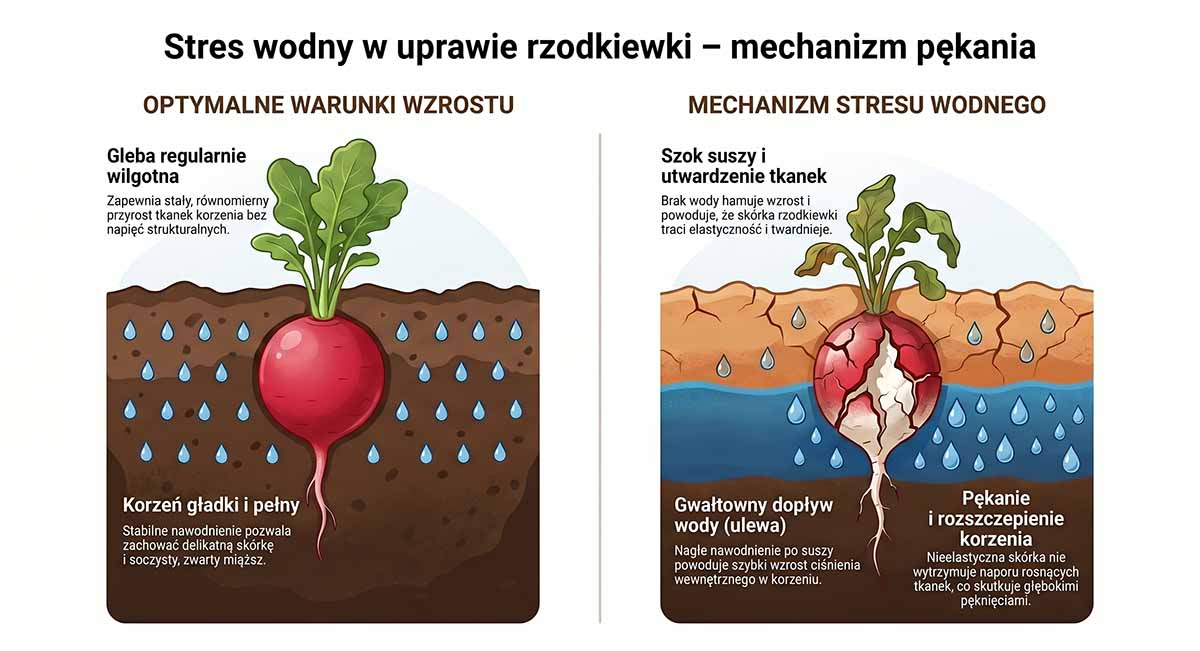 Stres wodny w uprawie rzodkiewki – mechanizm pękania Schemat graficzny pokazujący dwa przekroje gleby. Po lewej gleba regularnie wilgotna, w której korzeń rzodkiewki jest gładki i pełny. Po prawej gleba zaszokowana suszą a potem ulewą, gdzie korzeń gwałtownie pęka i rozszczepia się na pół.