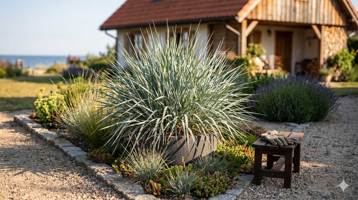 Niebieska trawa ozdobna wydmuchrzyca piaskowa Blue Dune uprawiana w dużej donicy na żwirowej rabacie.