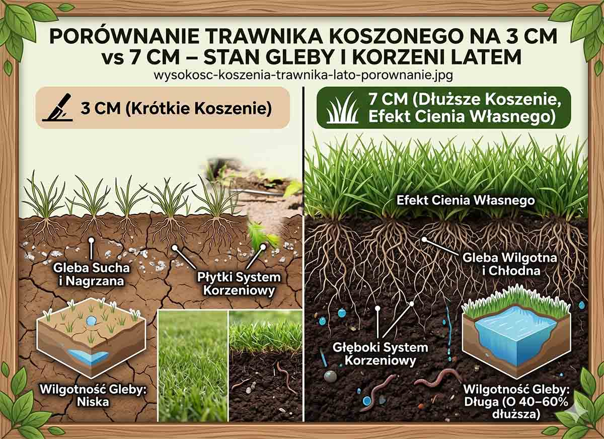 Porównanie trawnika koszonego na 3 cm vs 7 cm - stan gleby i korzeni latem