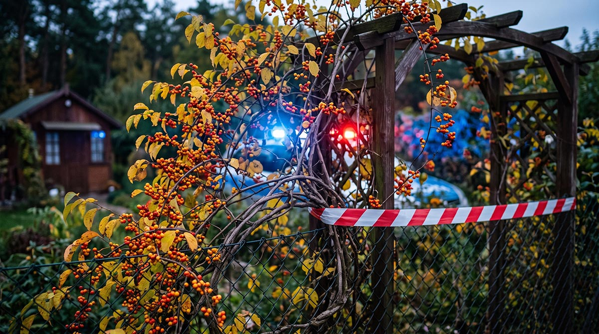 Fotorealistyczne zdjęcie interwencji służb w ogrodzie przy płocie porośniętym zakazanym pnączem dławisza okrągłolistnego; gloved hand nakłada czerwoną taśmę ostrzegawczą, w tle migające niebieskie światła policji.