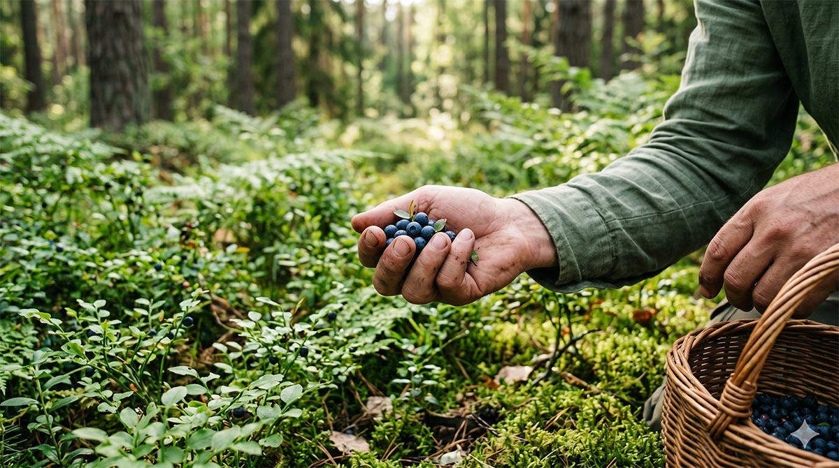 Wyprawa na jagody 2026: Ręczny zbiór w polskim lesie. Zbieranie dzikich jagód leśnych dłonią w mchu, obok koszyk wiklinowy z owocami w lesie pod koniec czerwca.