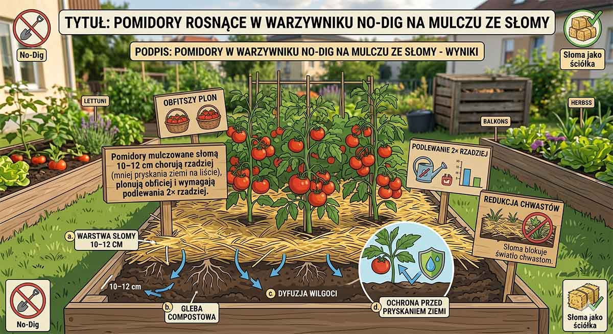 Pomidory rosnące w warzywnikowi No-Dig na mulczu ze słomy