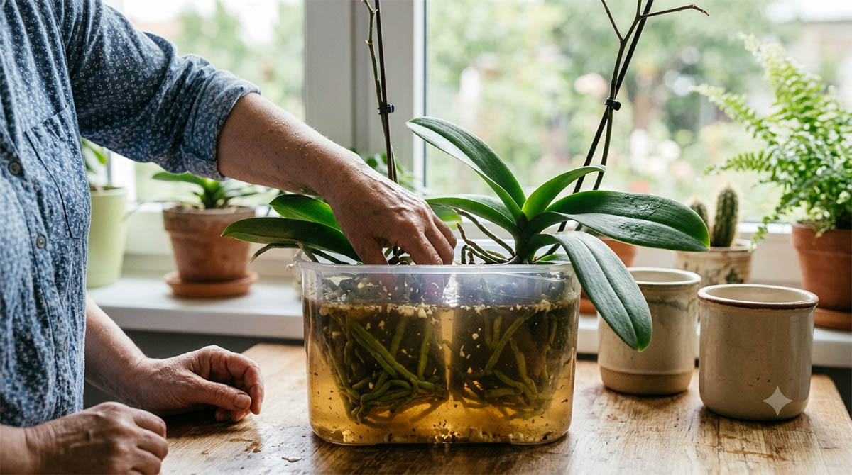 Prawidłowe moczenie korzeni storczyka w przezroczystej doniczce Zbliżenie na zdrowe, zielone korzenie storczyka Phalaenopsis w przezroczystej doniczce podczas domowej kąpieli odżywczej.