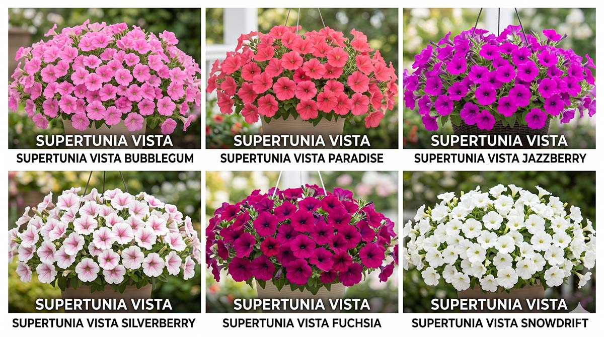 Przegląd kolorów Supertunii Vista - zestawienie najpopularniejszych odmian. Infografika przedstawiająca 6 odmian Supertunii Vista: Bubblegum, Paradise, Jazzberry, Silverberry, Fuchsia oraz Snowdrift z podpisami.