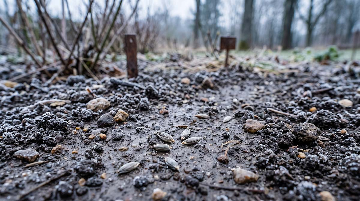 Problem z kiełkowaniem trawy w zimnej, mokrej ziemi Zbliżenie na zimną, mokrą i oszronioną glebę w ogrodzie w marcu, na której leżą niekiełkujące nasiona trawy.