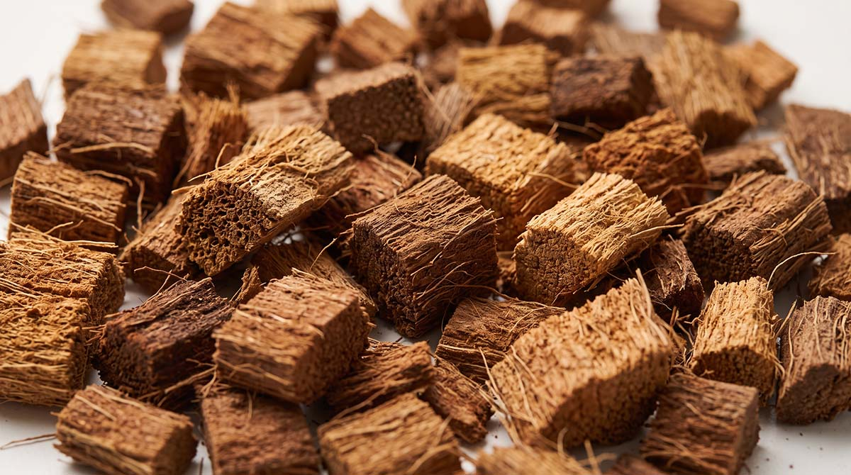 Struktura i frakcja chipsów kokosowych do roślin Zbliżenie na kawałki i zrębki łupiny orzecha kokosowego o grubej, porowatej strukturze
