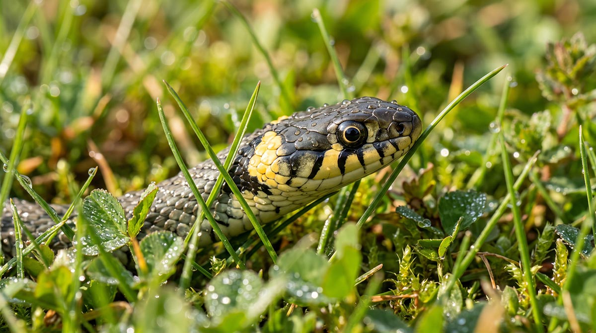 Zaskroniec zwyczajny (Natrix natrix) w przydomowym ogrodzie Zaskroniec zwyczajny z charakterystycznymi żółtymi plamami za głową pełzający po trawniku w ogrodzie
